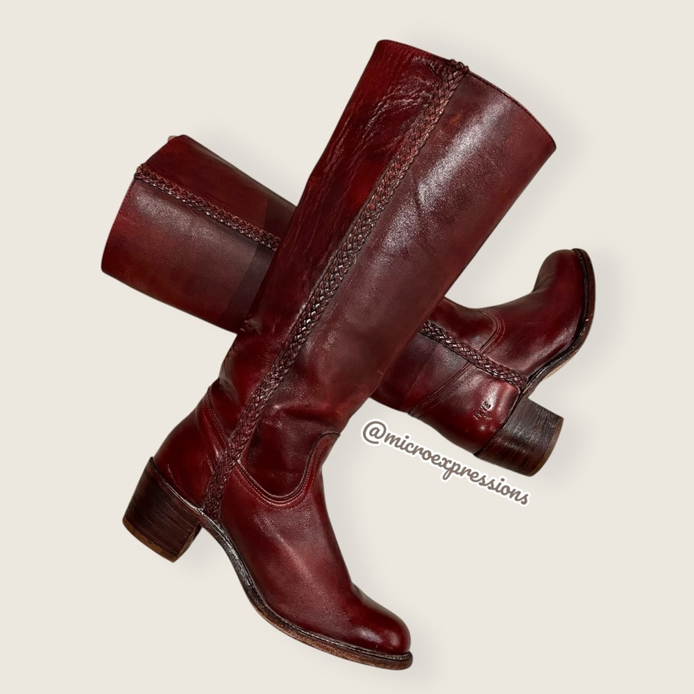 VINTAGE 1970s Frye Campus Leather Red-Brown Real Leather Braided Knee High Boot - Picture 16 of 16